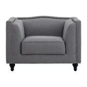 Grey Fabric Armchair – Boxy Design, Stud Trim, Modern Lounge Accent Seat