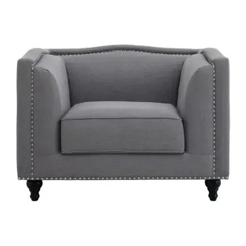 Grey Fabric Armchair – Boxy Design, Stud Trim, Modern Lounge Accent Seat