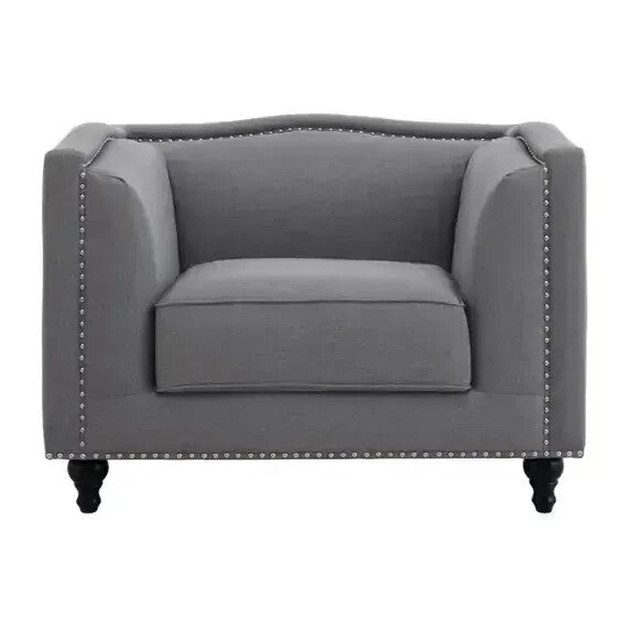 Grey Fabric Armchair – Boxy Design, Stud Trim, Modern Lounge Accent Seat