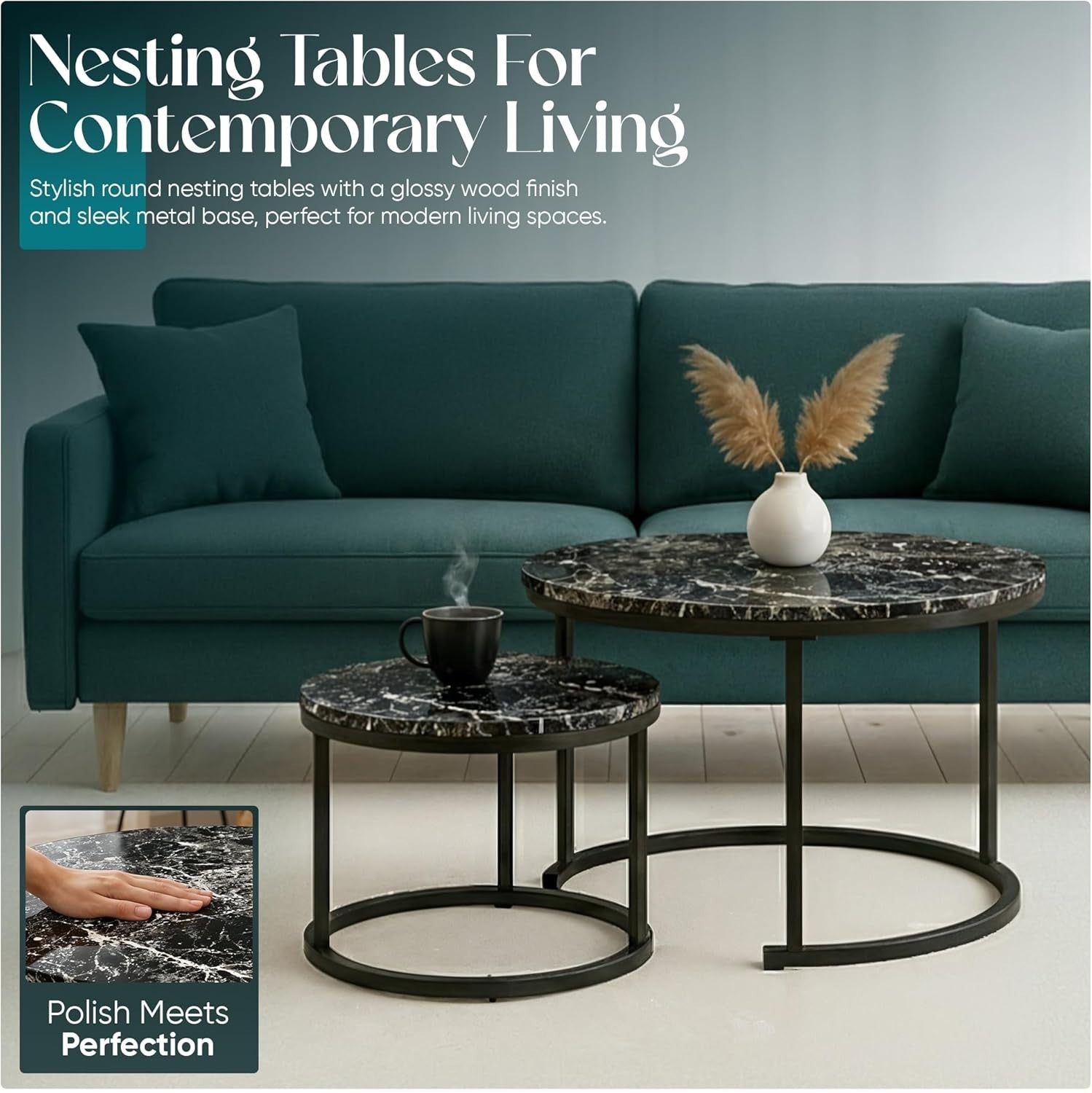 Space Saving Nesting Coffee Tables Set of 2 Black Marble Effect Round End Side A