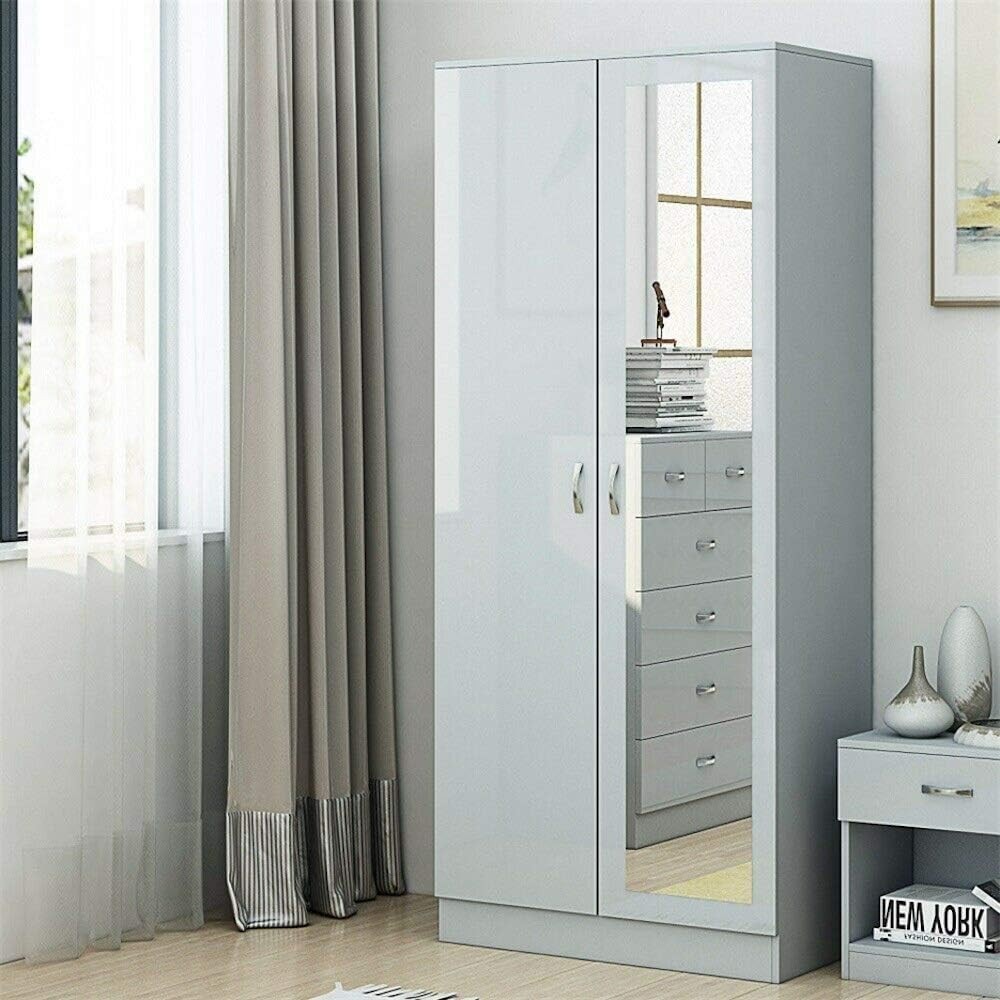 Grey Gloss 2-Door Mirrored Wardrobe with Hanging Rail & Lockable Storage