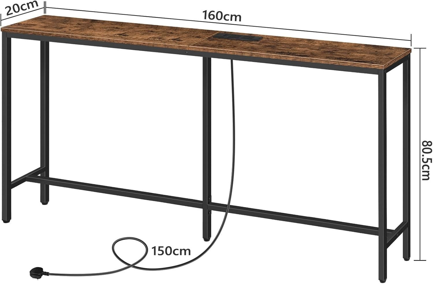 Console Table with Power Outlet USB Ports, Narrow Sofa Table 160cm