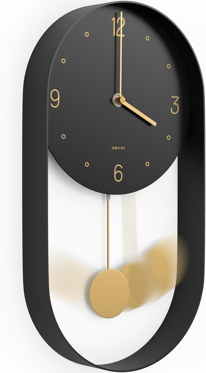 Modern Silent Wall Clock 8" Face Gold Pendulum Black Frame Decor