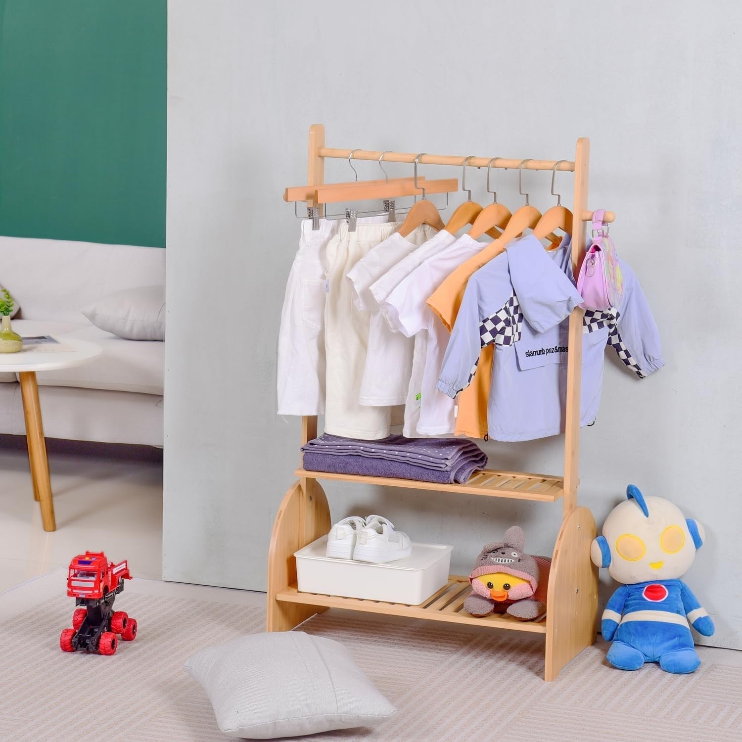 Kids Bamboo Clothing Rack with Adjustable Rods , Free-Standing Wardrobe