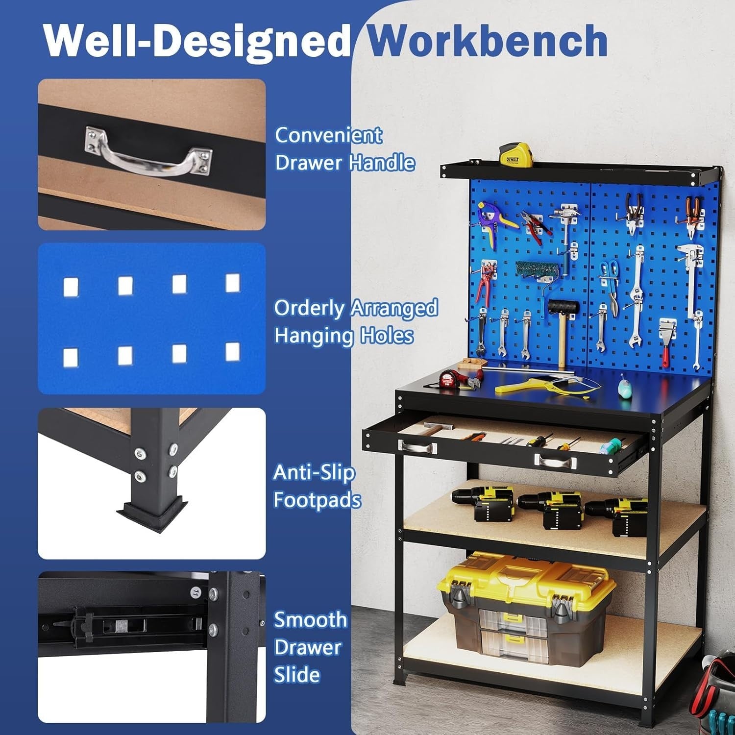 Heavy Duty Garage Workbench Pegboard Drawer Hooks Tool Station 81x41cm