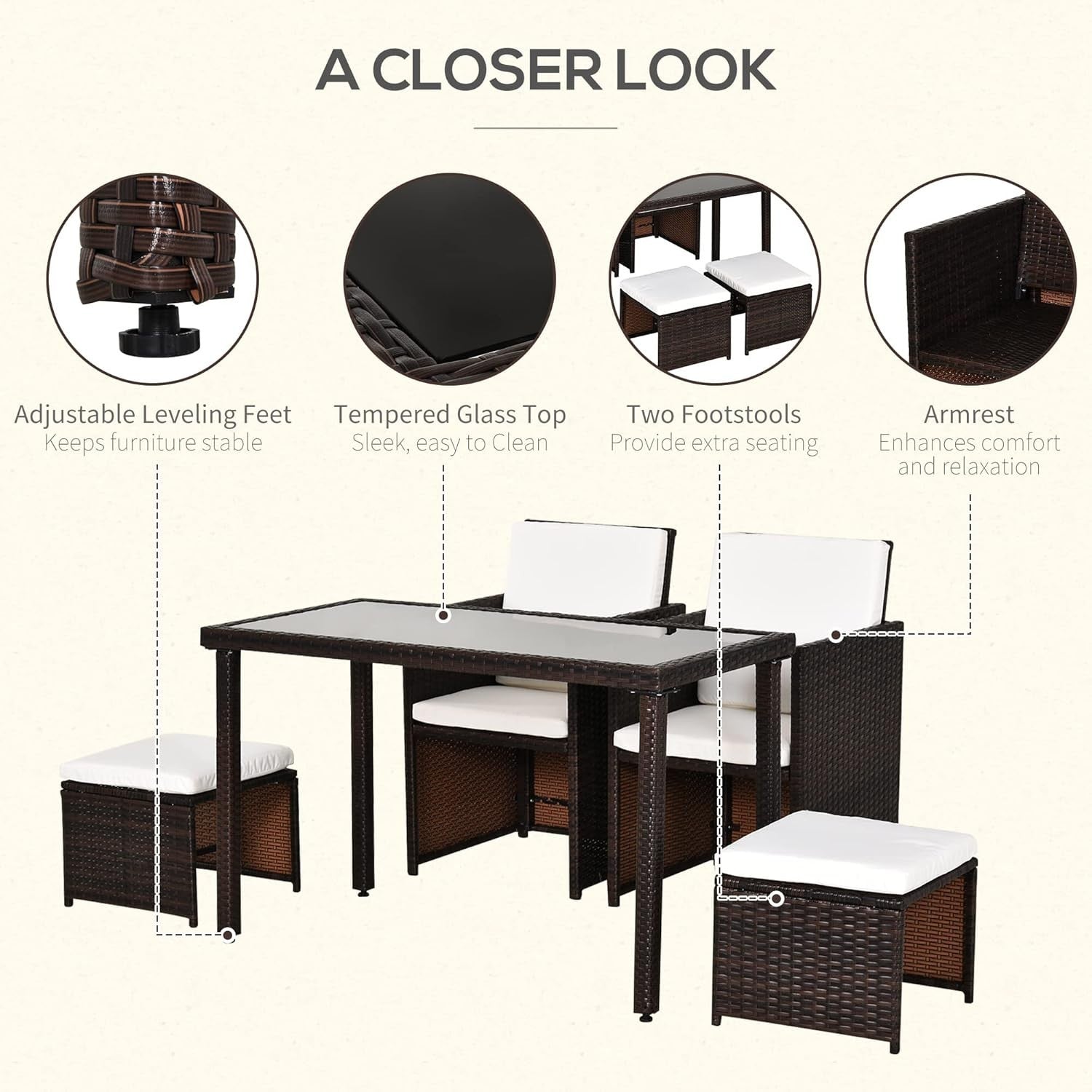 Space Saving Rattan Dining Set 4PC Cube Chairs Glass Table Patio Balcony