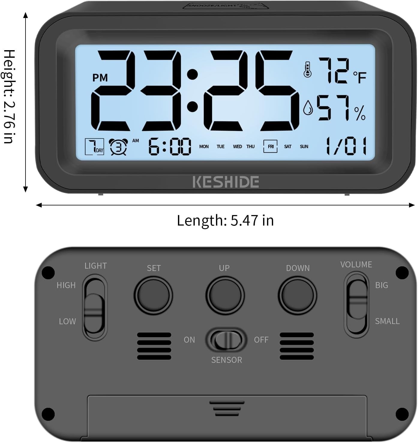 Night Light Digital Alarm Clock Large Display Temp Humidity Snooze Bedroom