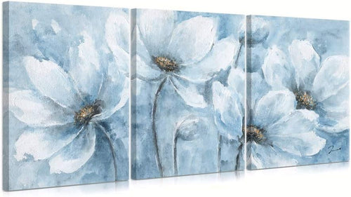 Blue Magnolia Canvas Wall Art Set of 3 Framed 30x40cm
