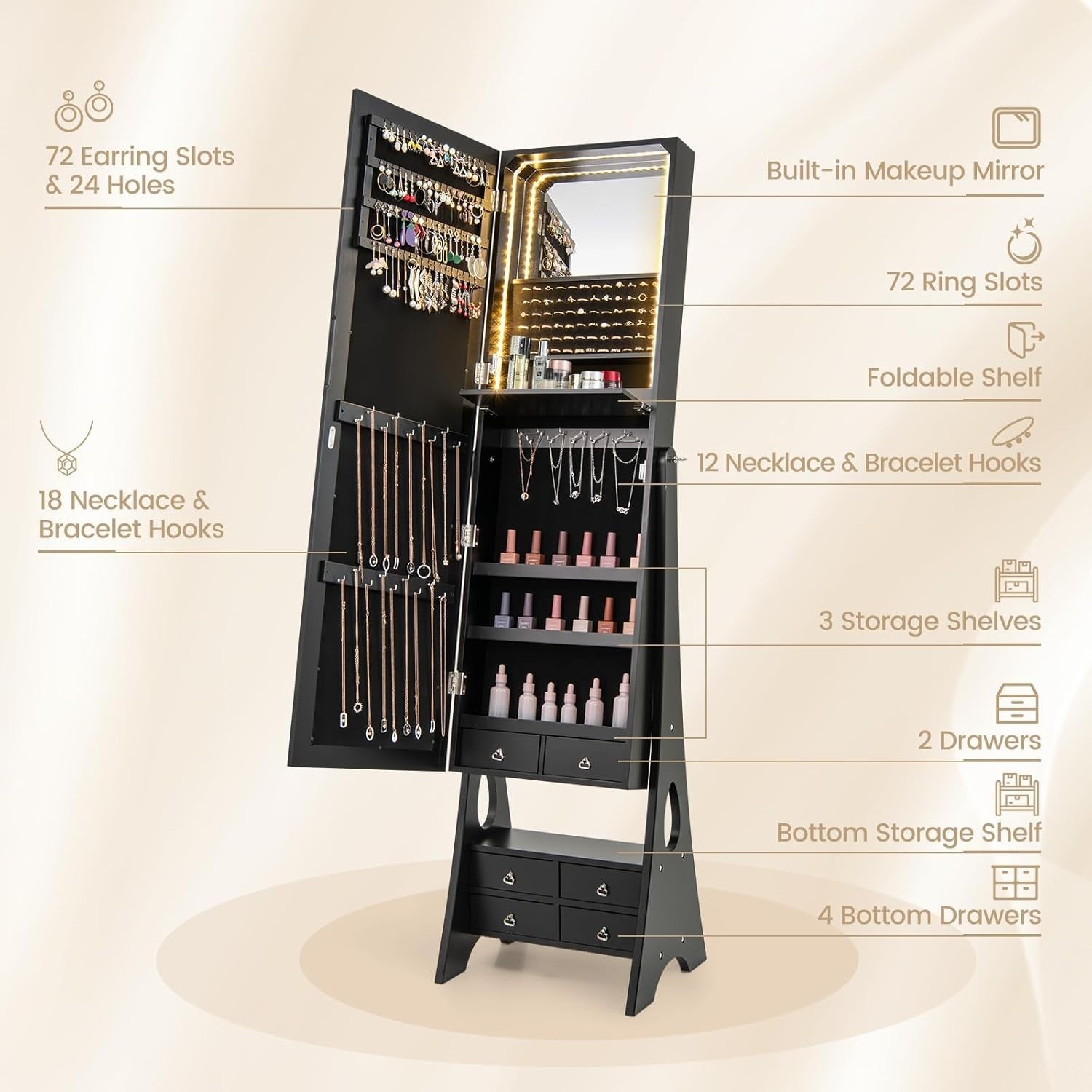 Black Freestanding Jewelry Armoire LED Mirror Large Storage Organizer