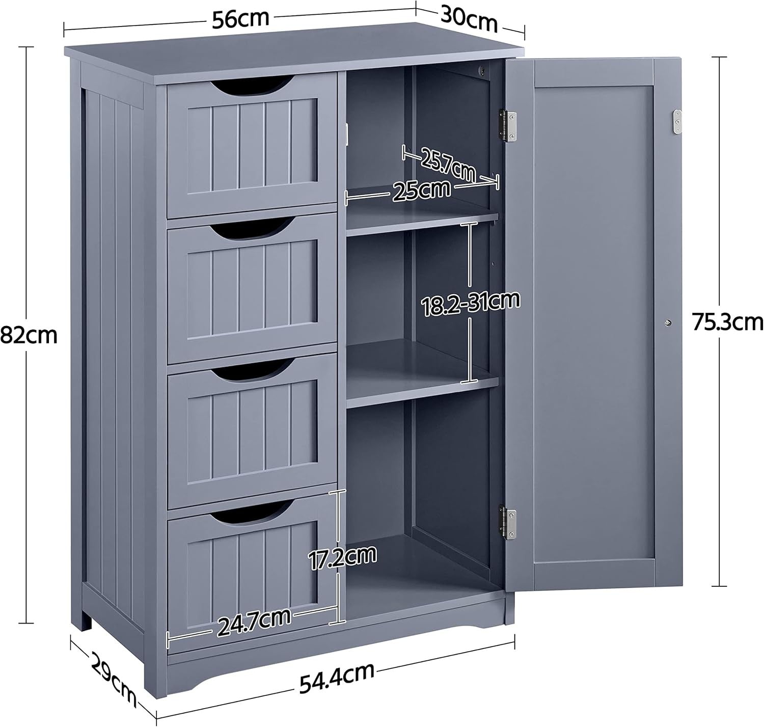 Grey Wooden Bathroom Cabinet 4 Drawer Storage Cupboard Organizer Unit