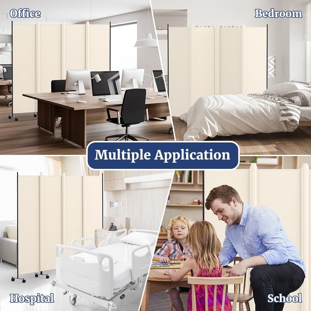 4 Panel Beige Folding Room Divider with Lockable Wheels 88x70 Inch