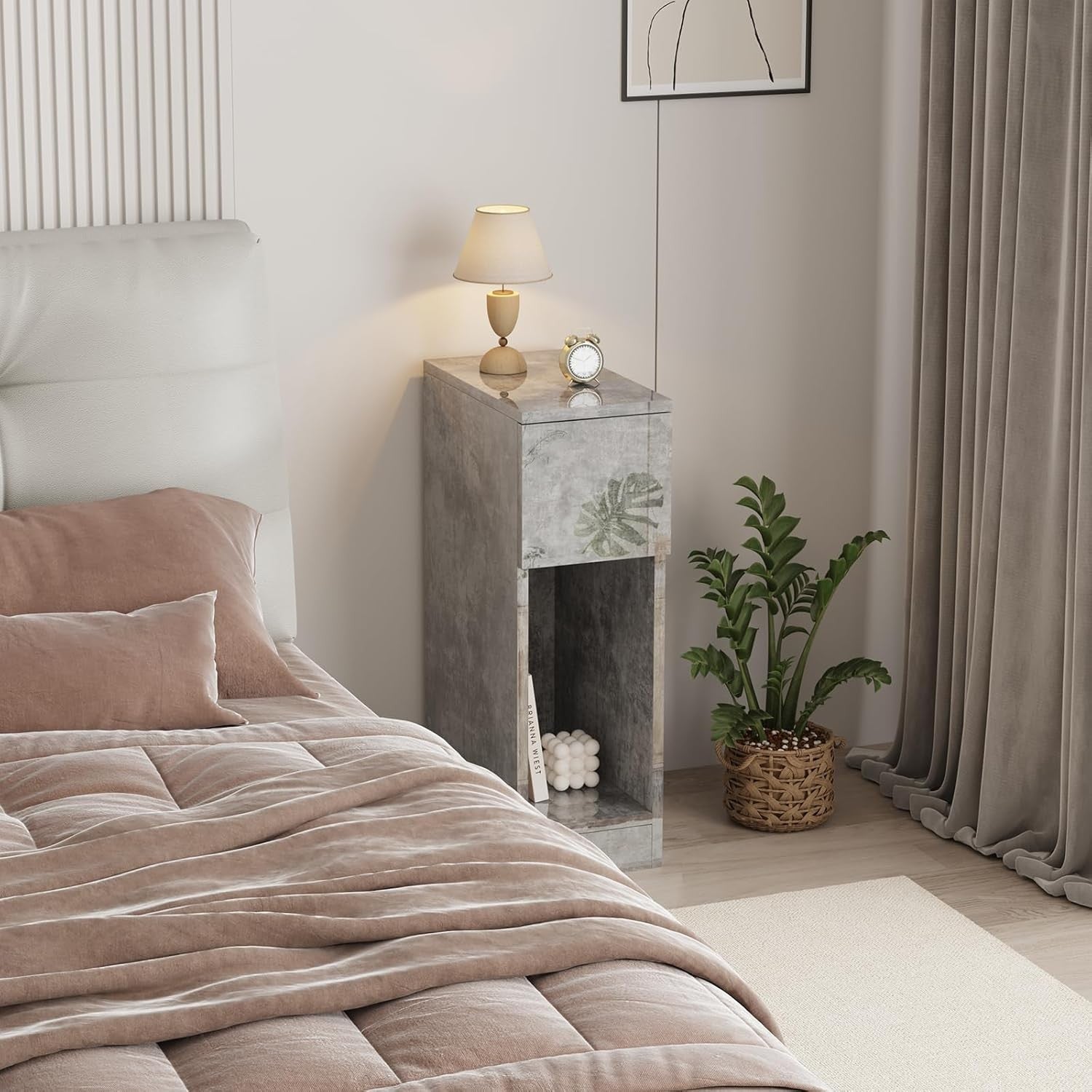 Grey Marble Slim Bedside Table with Drawer & Shelf, Modern Narrow Nightstand