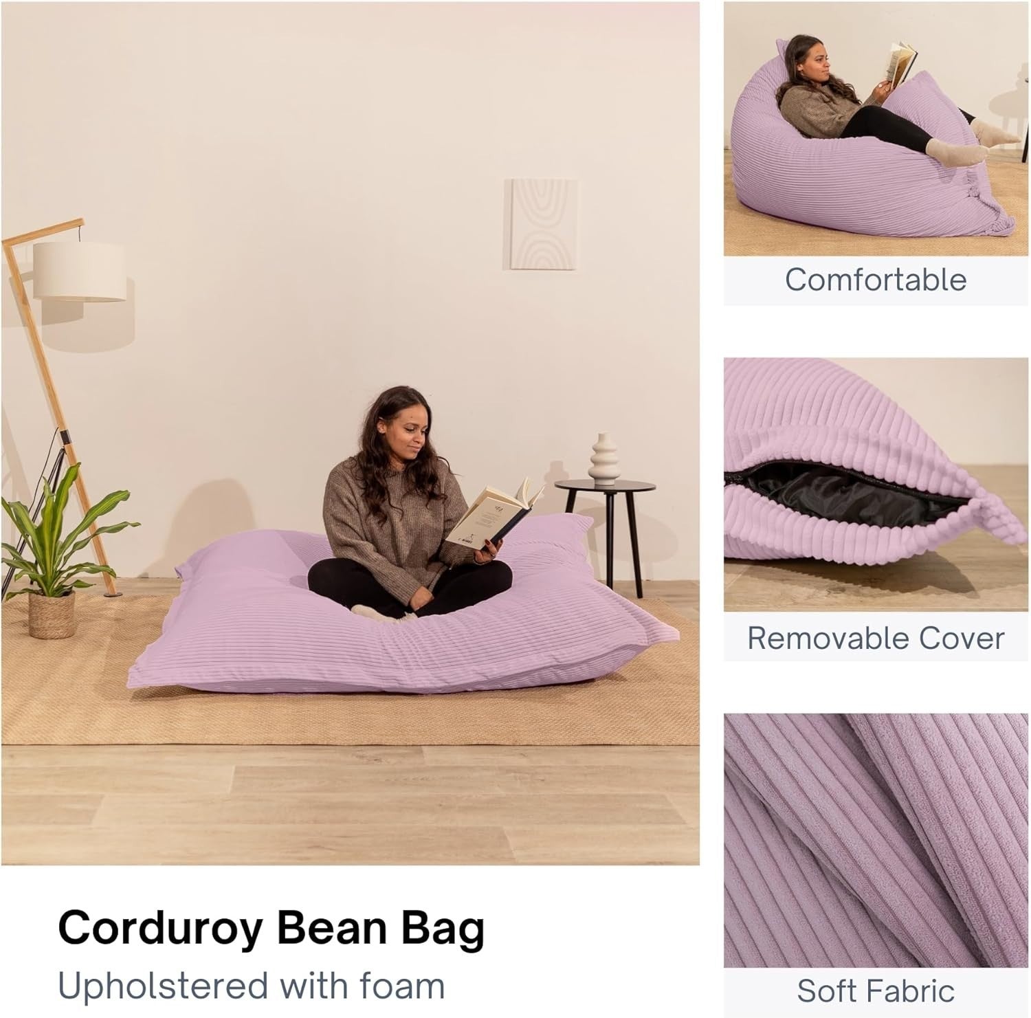 XXL Foam Bean Bag Pink Sofa for Adults & Kids – Corduroy Floor Seat 180x140cm