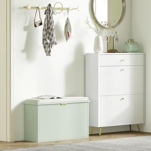 Green Shoe Storage Bench with Cushion & Flip Drawer – Modern Hallway Unit