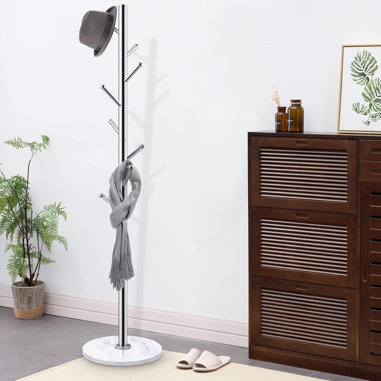 Luxury Marble Base Coat Rack Stand | 8 Hook Silver Metal Hall Tree