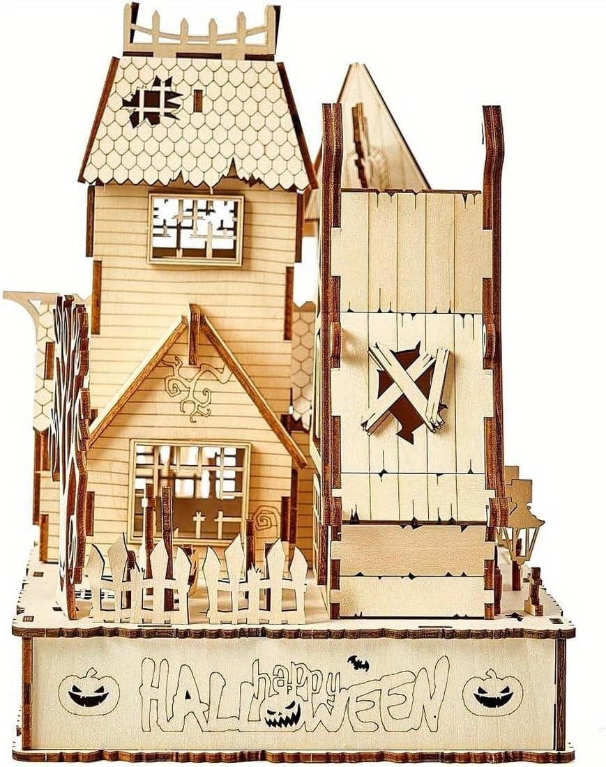 3D Wooden Halloween House Puzzle w/ LED Light | DIY Craft Kit Adults