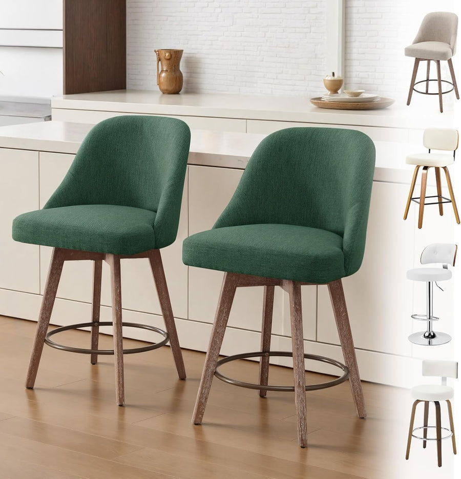 2PCS Linen Green Swivel Bar Stools 65cm Seat Height L-Shaped Wood Legs