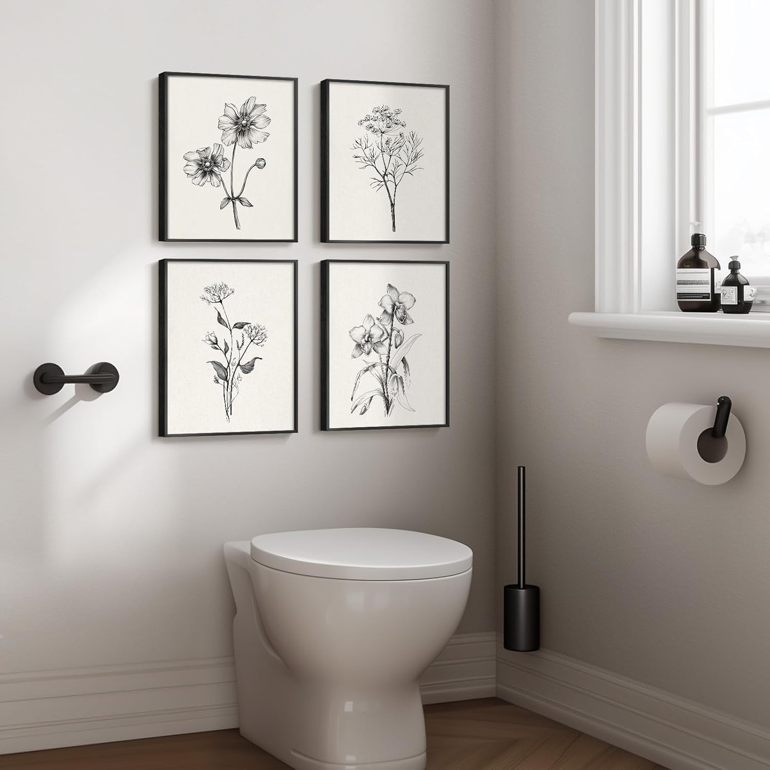 4-Piece Black White Floral Canvas Wall Art Framed Modern Farmhouse Decor