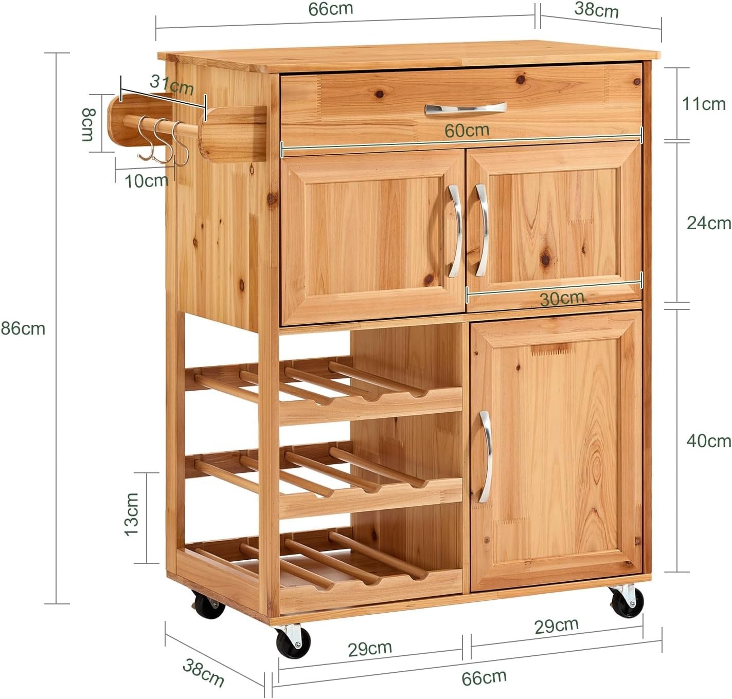 Solid Wood Kitchen Trolley 66cm Wine Rack Cart
