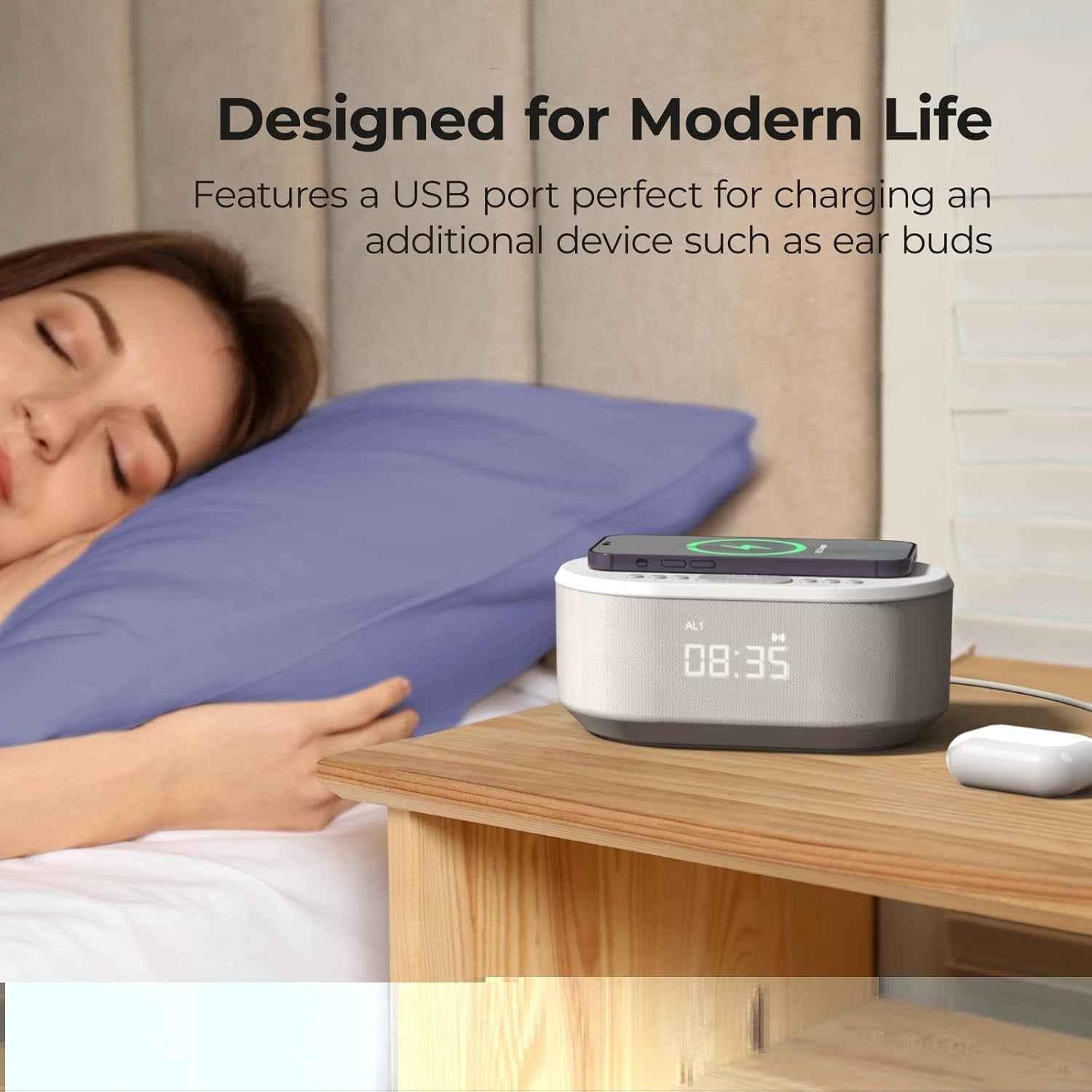 Grey Bedside Alarm Clock Wireless Charging Bluetooth Speaker Dual Alarm