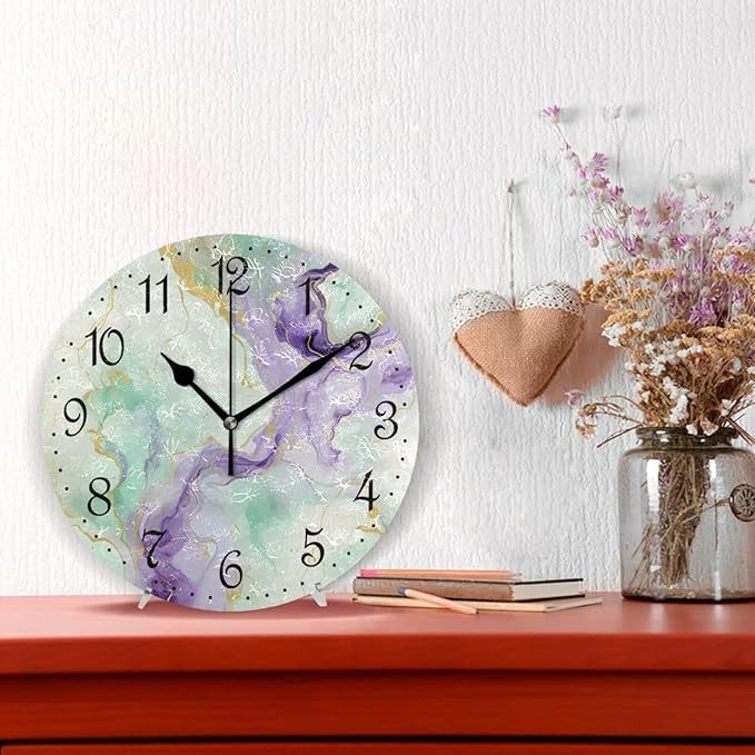 Purple Green Gold Marble Wall Clock 25cm Silent Non-Ticking Modern Home Decor
