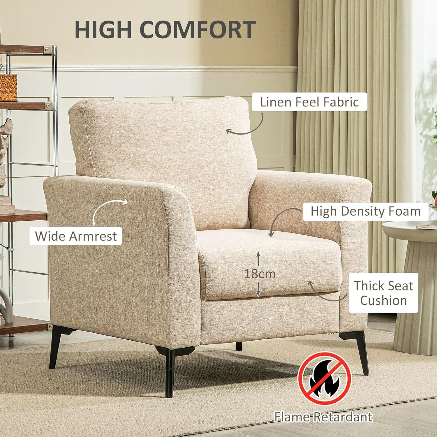Beige Linen Armchair with Padded Seat & Metal Legs for Lounge or Office