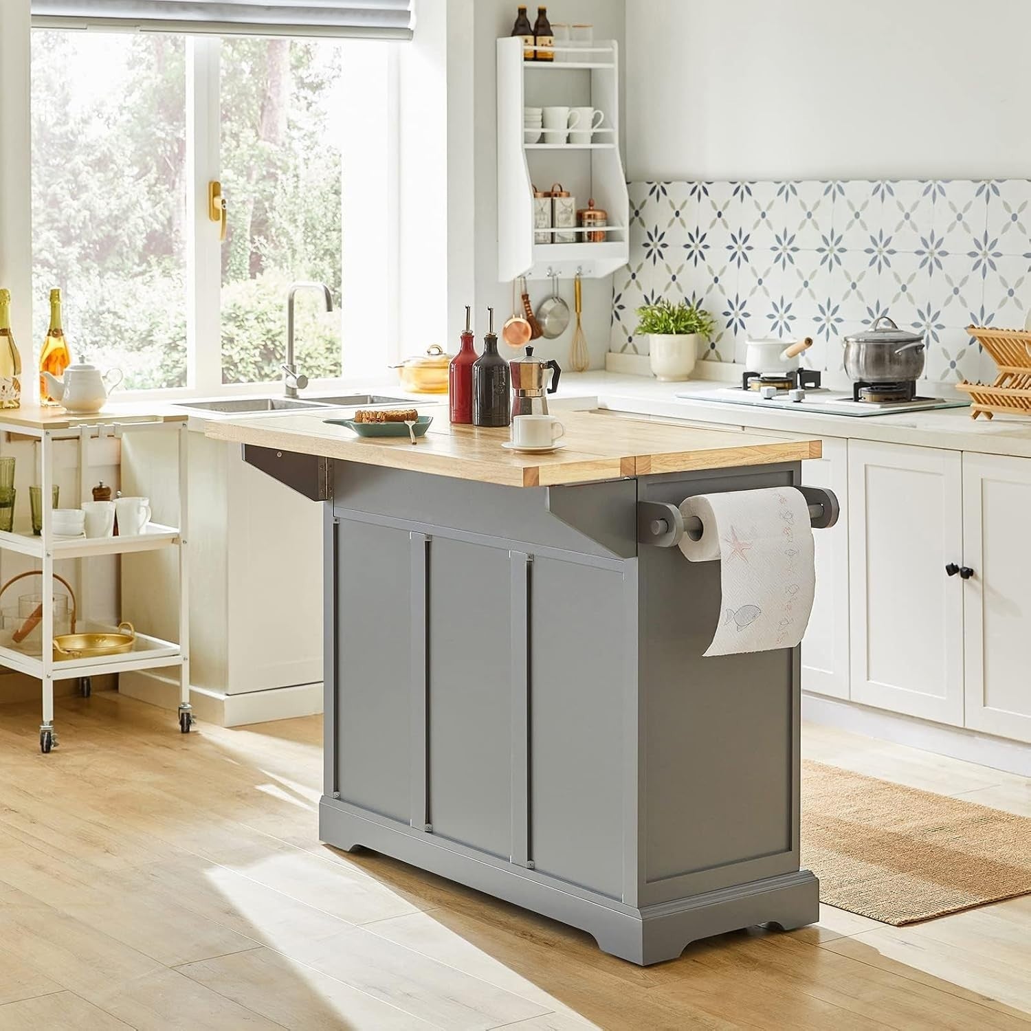 Mobile Kitchen Island Cart with Expandable Worktop, Storage Drawers & Shelves