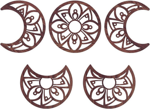 5pcs Moon Phase Wall Decor Boho Wood Flower Hanging Brownish Red