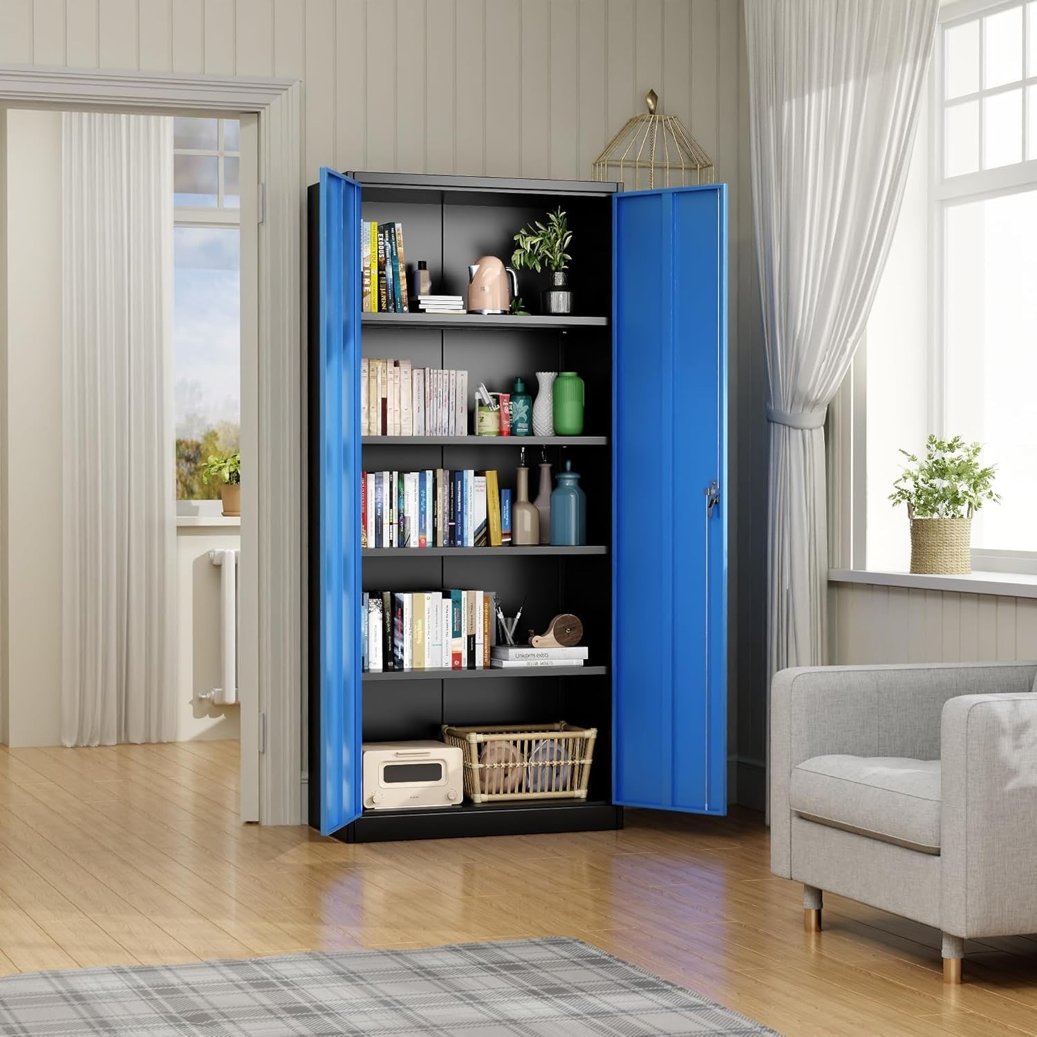 Black Blue Metal Storage Cabinet 180cm Lock & Adjustable Shelves – Tall Cupboard
