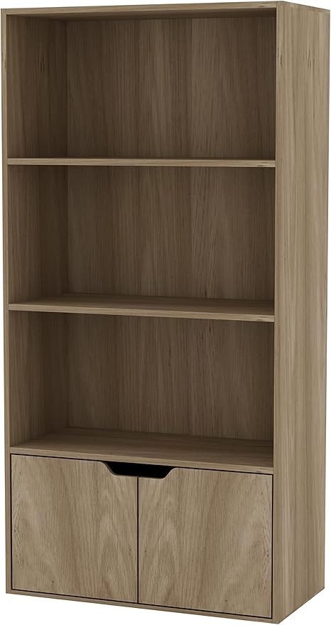 Modern Oak 4-Tier Wide Bookcase with Storage Cupboard – Wooden Shelf Unit