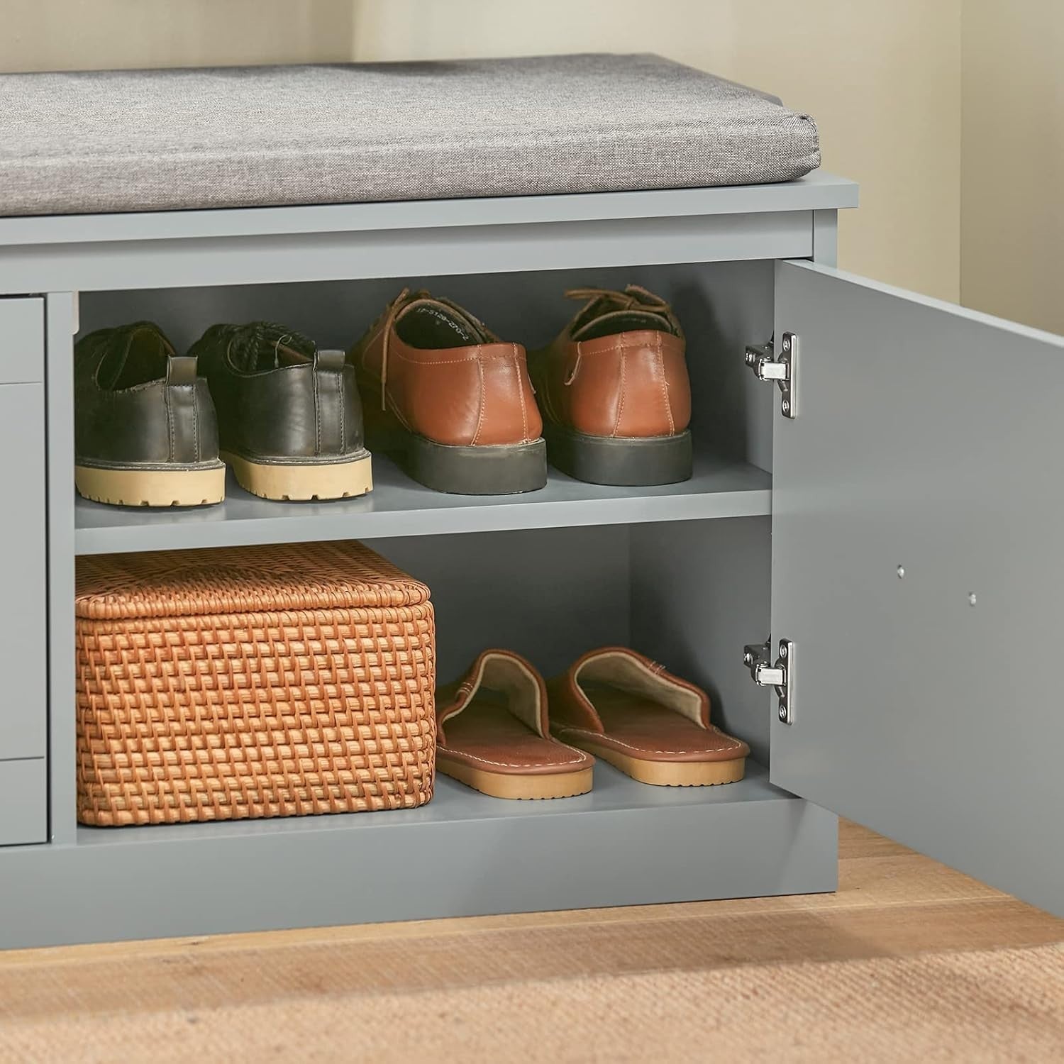 Grey Hallway Shoe Bench with Cushion – 98x37x49cm Storage Seat, 150kg Load