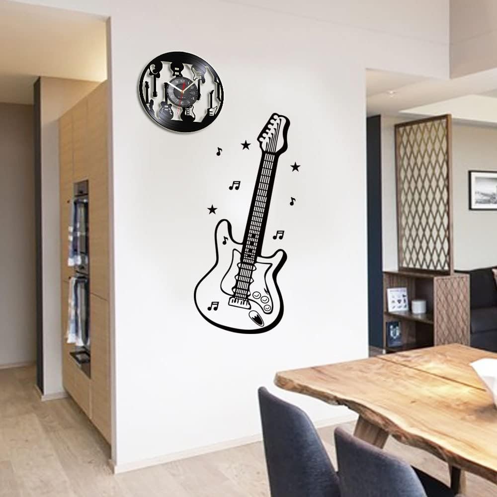LED Guitar Pattern Vinyl Wall Clock Music Decor Silent 30cm Night Light Gift
