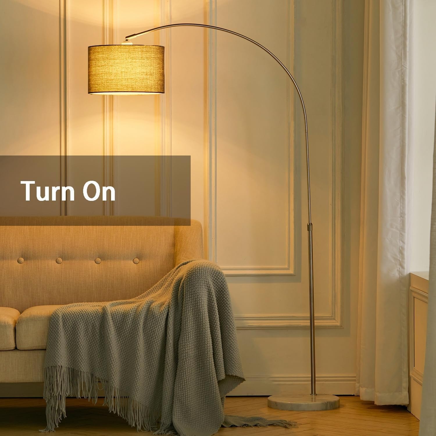 Arc Floor Lamp Adjustable Height Fabric Shade E27 Foot Switch Living Room