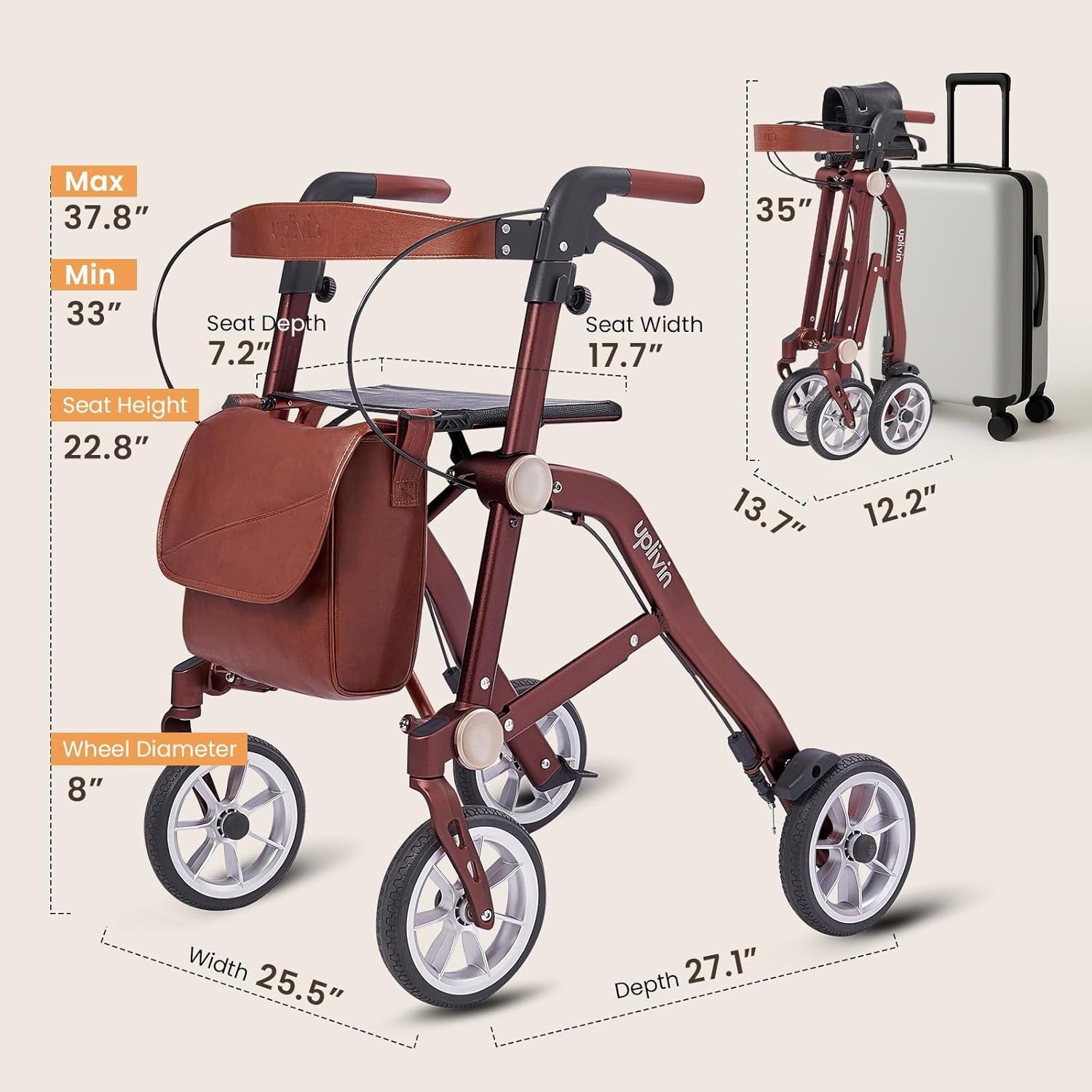 Luxury Lightweight Rollator Walker Seat 4 Wheel Dual Folding Aluminium