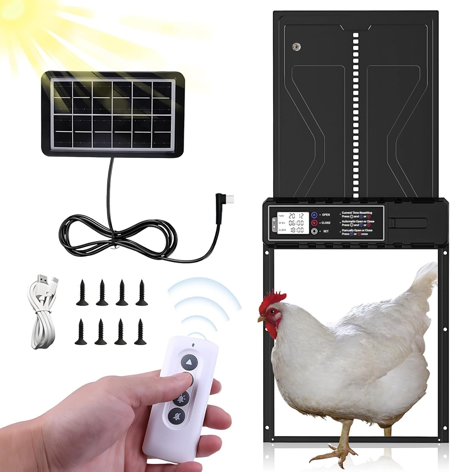 Solar Automatic Chicken Coop Door Timer Remote LCD Waterproof