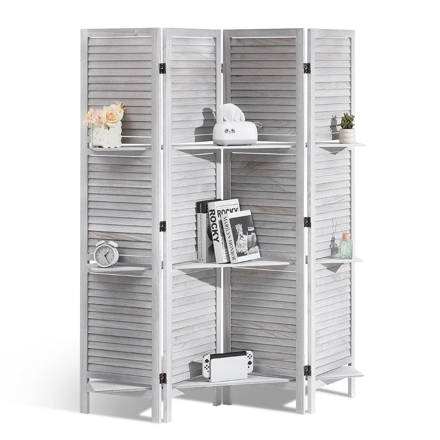 4 Panel Wooden Folding Room Divider with Shelves Light Brown 122x170cm