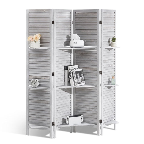 4 Panel Wooden Folding Room Divider with Shelves Light Brown 122x170cm