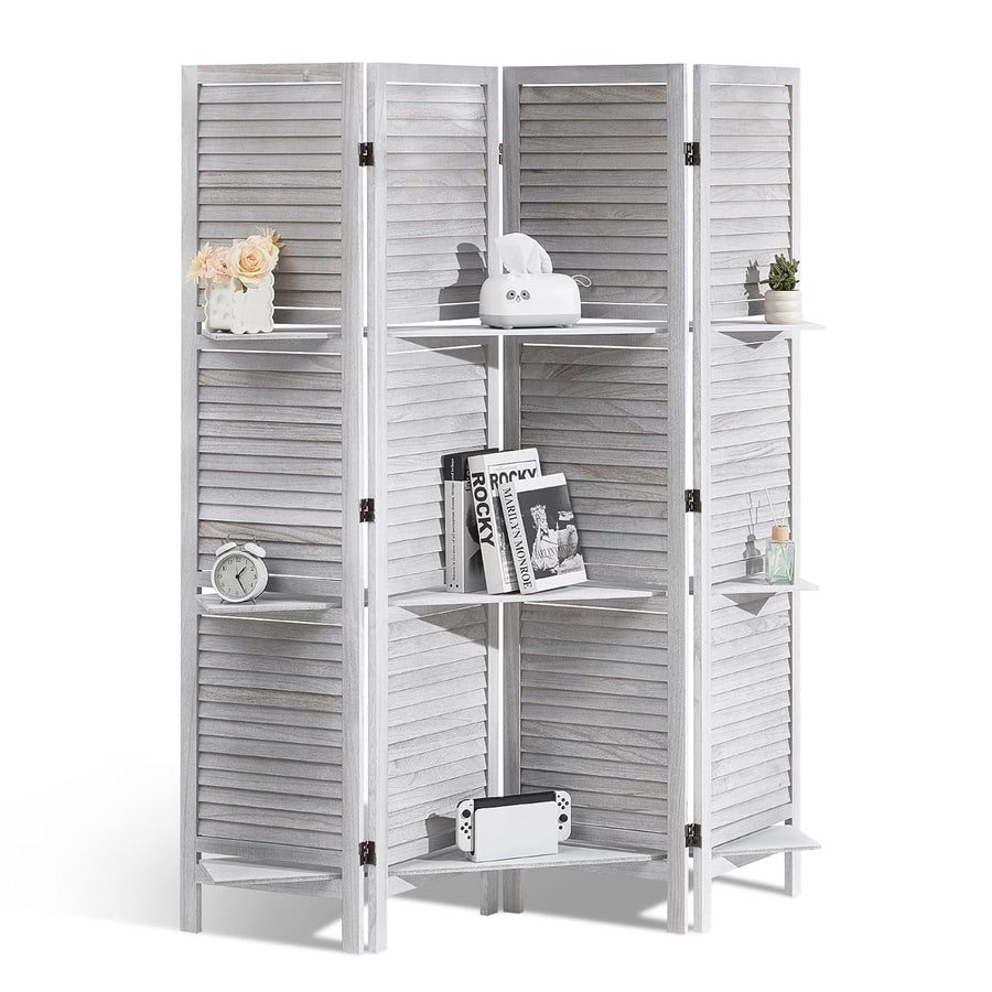 4 Panel Wooden Folding Room Divider with Shelves Light Brown 122x170cm