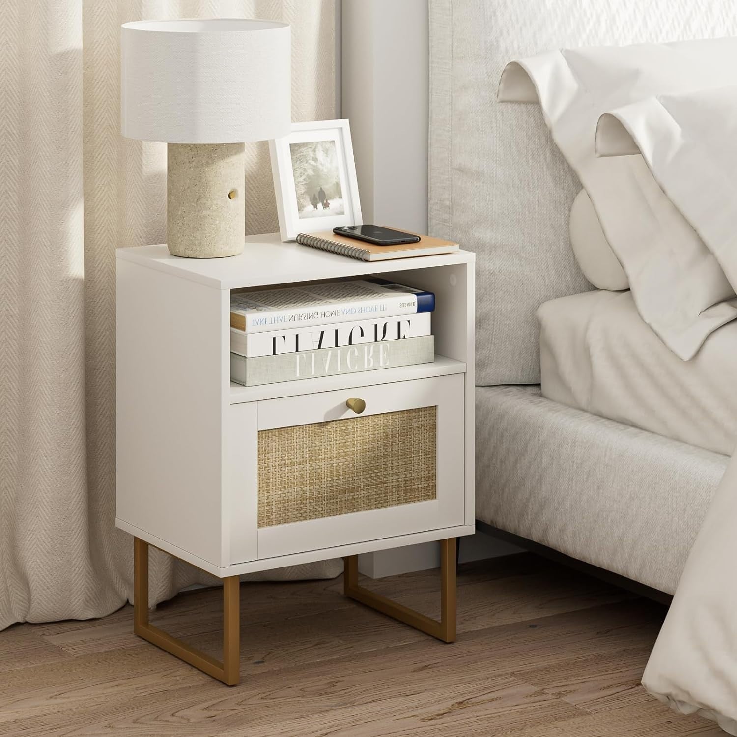 Modern Rattan Bedside Table with Drawer & Shelf – Boho White Wood Nightstand