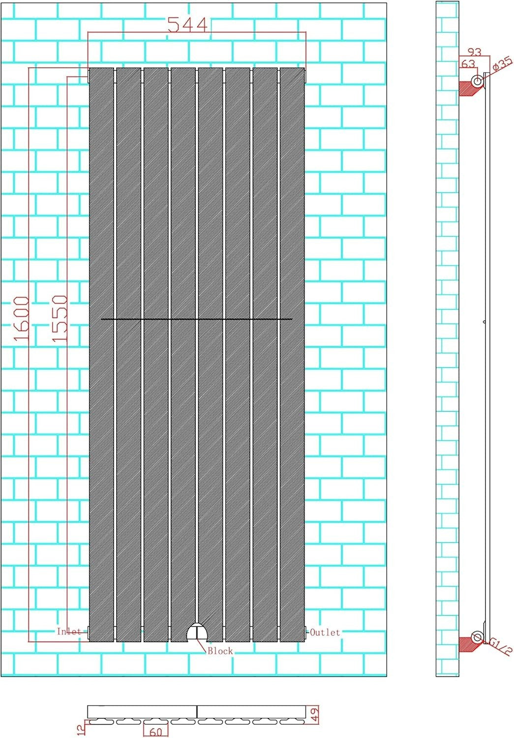 Designer Flat Panel Radiator 1600x544mm Single Black Horizontal Vertical