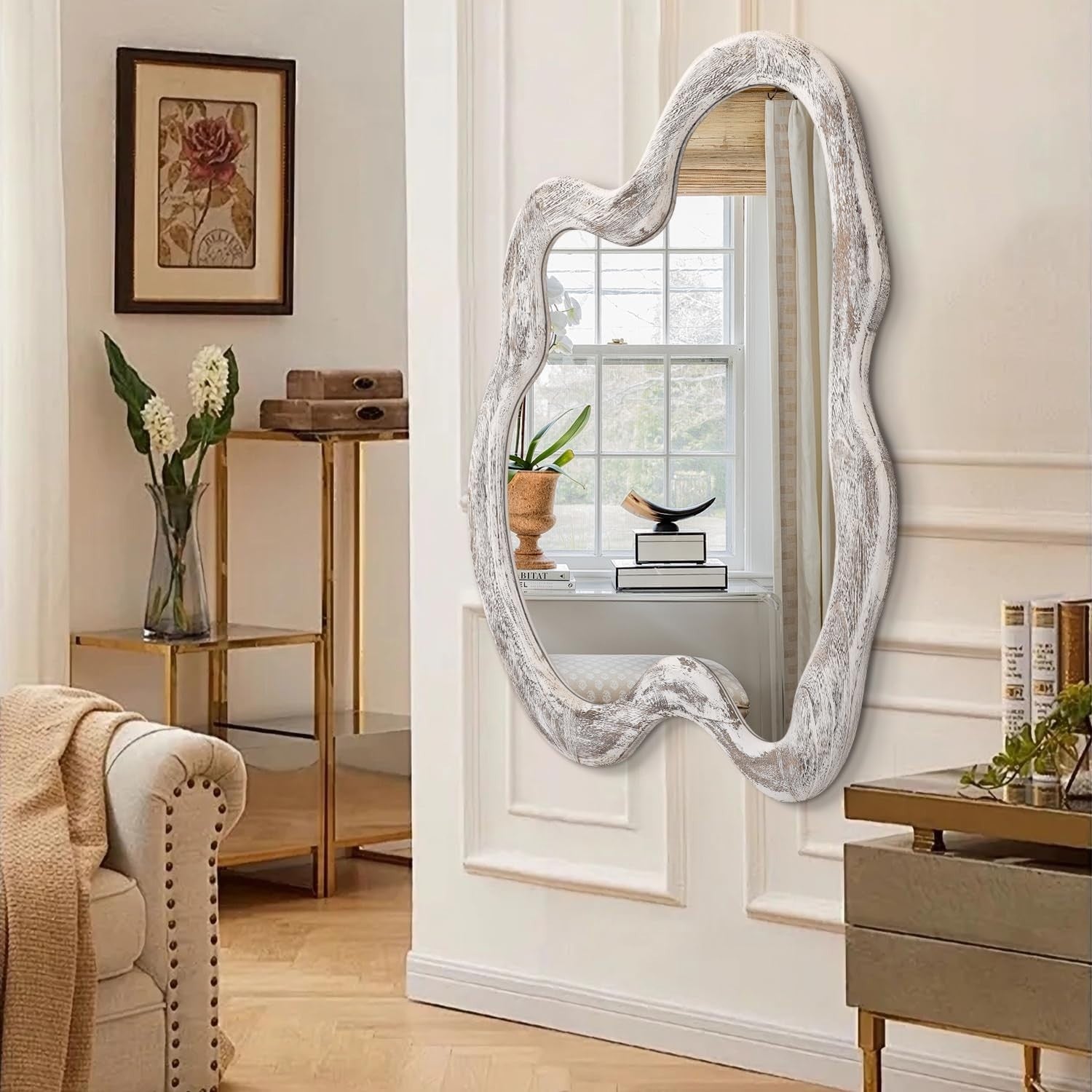 Vintage Irregular Wall Mirror 80x60cm Rustic White Frame for Entryway