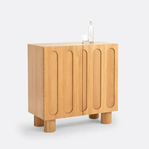 Oak Bar Storage Cabinet with Fluted Doors & Glass Bottle Racks