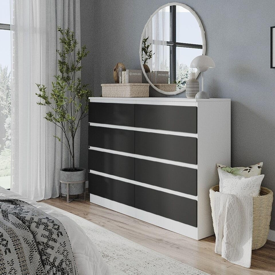 Modern 8 Drawer Chest Black White Storage Unit for Bedroom Office Hallway