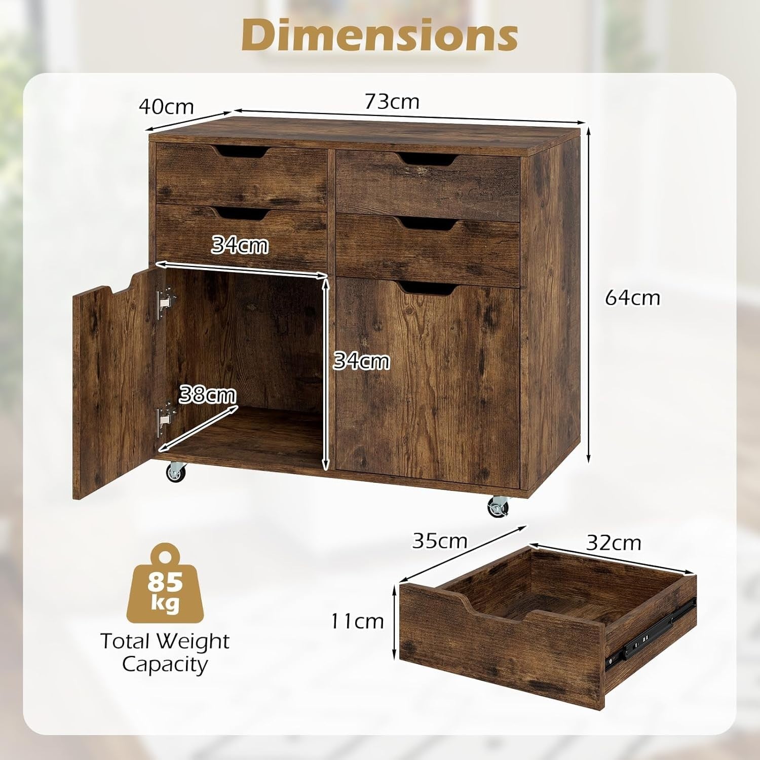 Rustic Brown Mobile File Cabinet 73x40x64cm 4 Drawer Printer Stand
