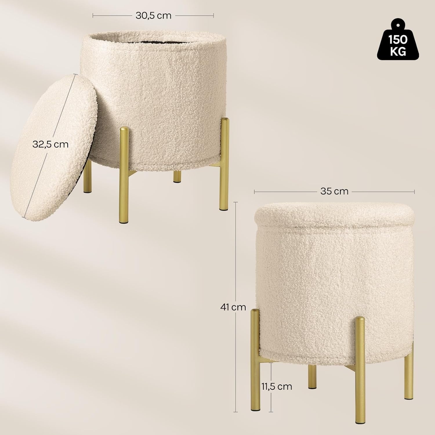 Beige Teddy Fleece Ottoman Stool with Storage Round Folding Seat 41cm