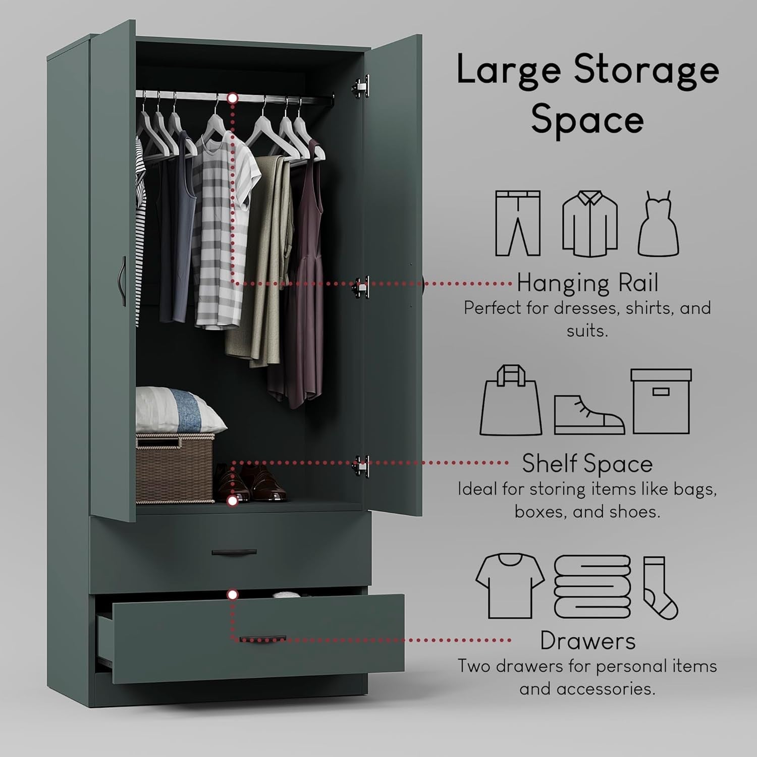 Double Door Wardrobe with 2 Drawers, Hanging Rail & Top Shelf Storage