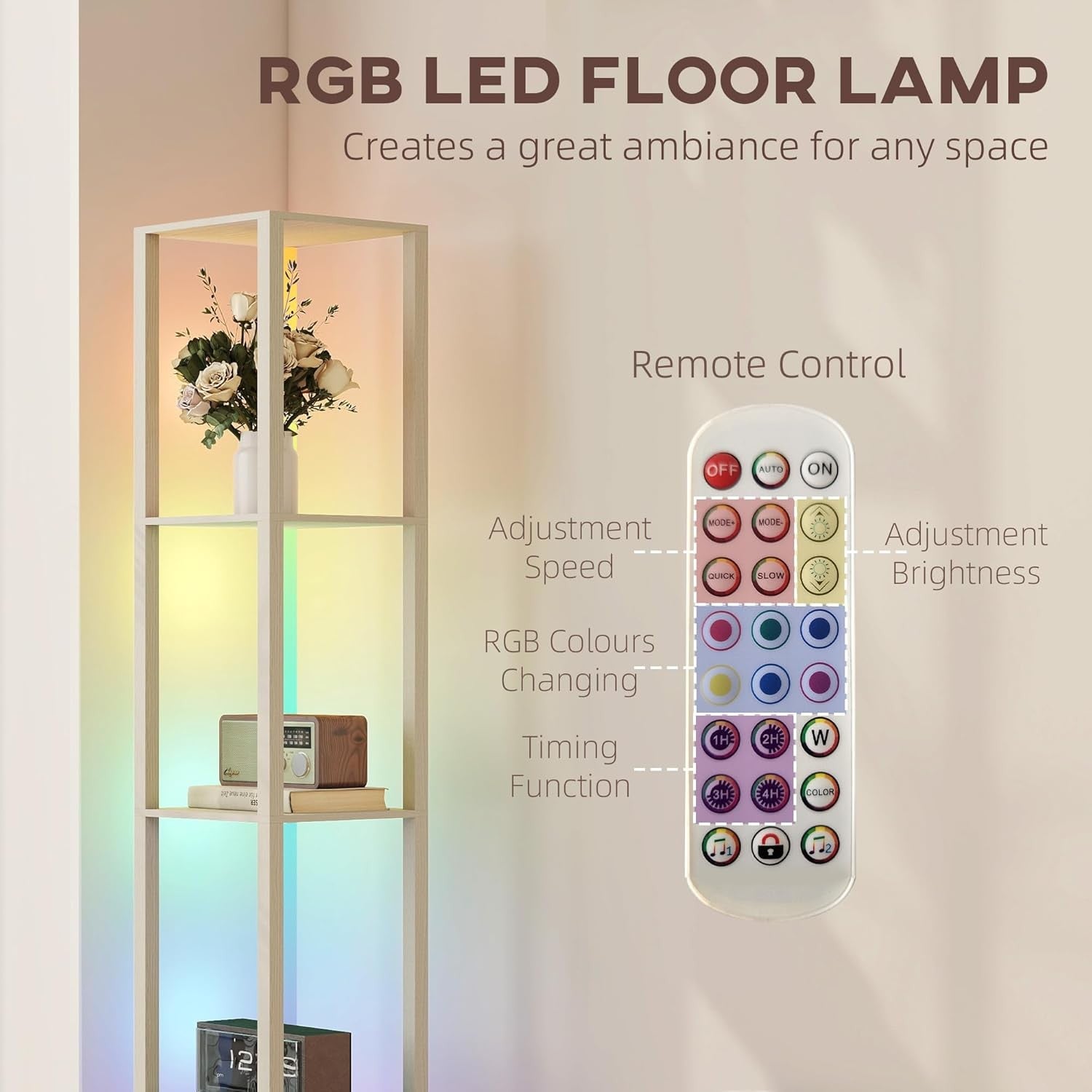 RGB LED Floor Lamp with Shelves Dimmable Remote Control Corner Light