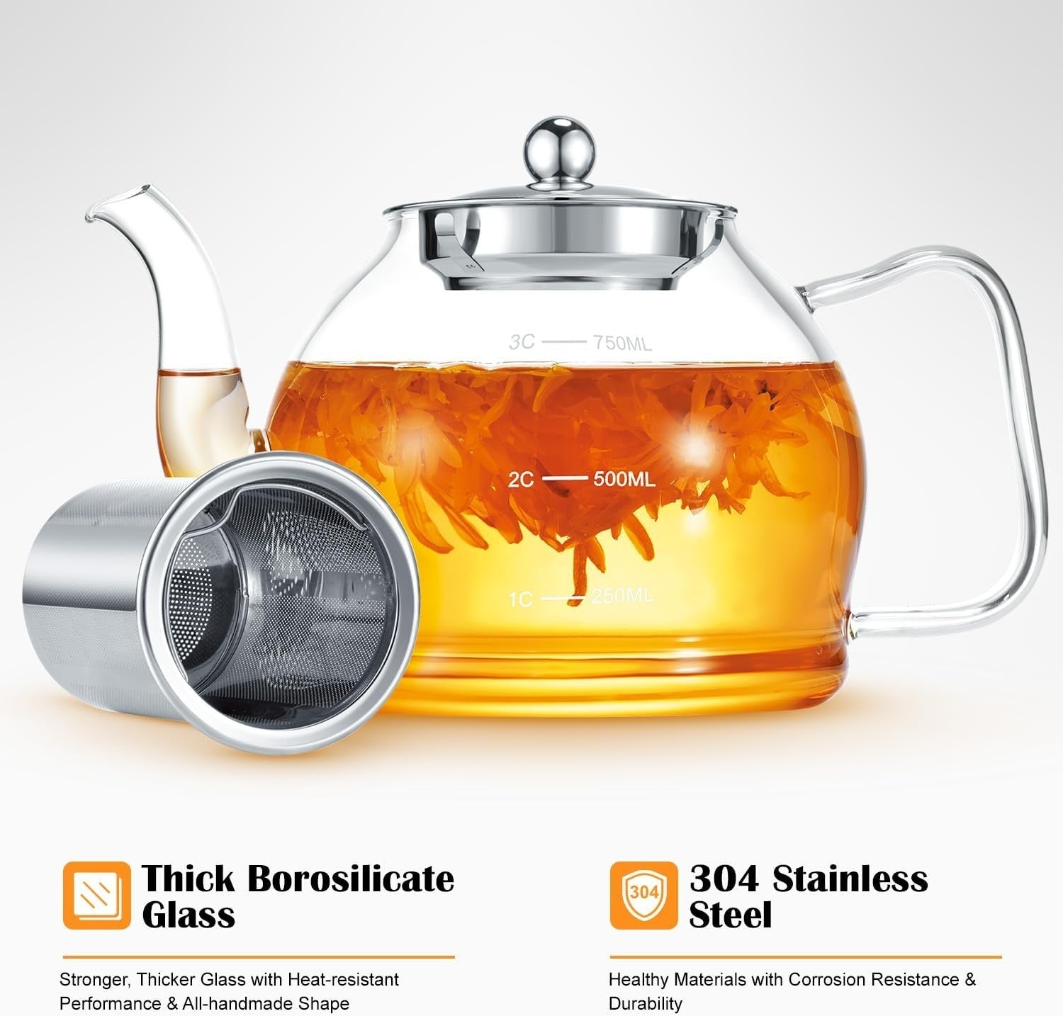Glass Teapot 800ml with Infuser Loose Leaf Tea Pot Stovetop Safe