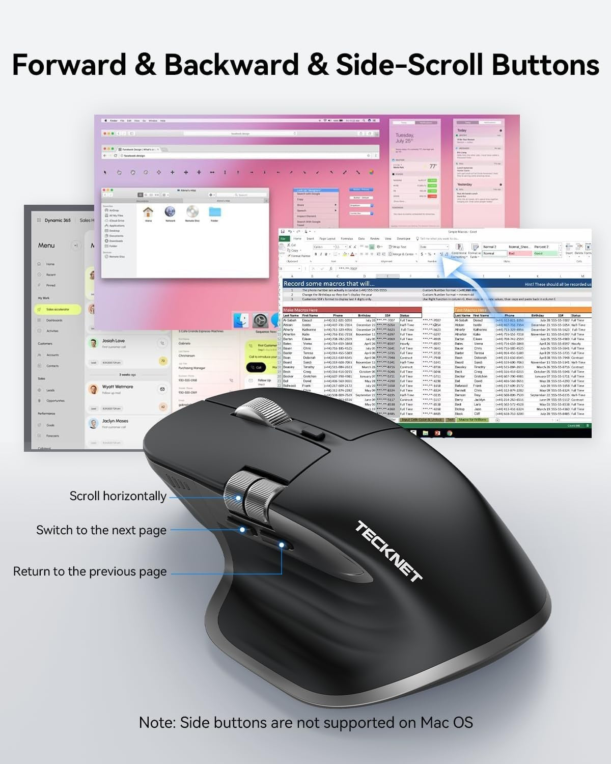 Bluetooth Wireless Mouse Thumb Scroll Rechargeable Silent Ergonomic PC Laptop
