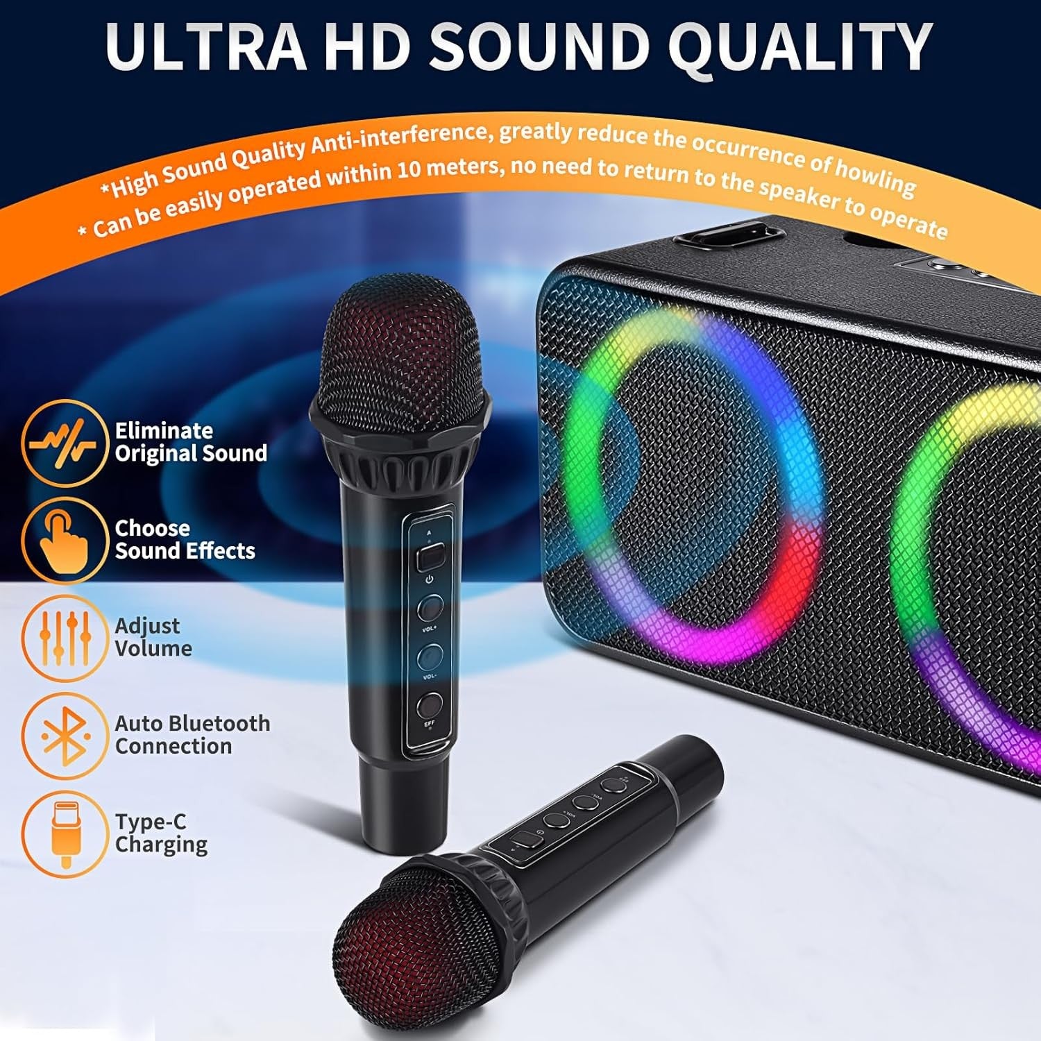 Portable Karaoke Machine 2 Mics Bluetooth Speaker with LED Lights
